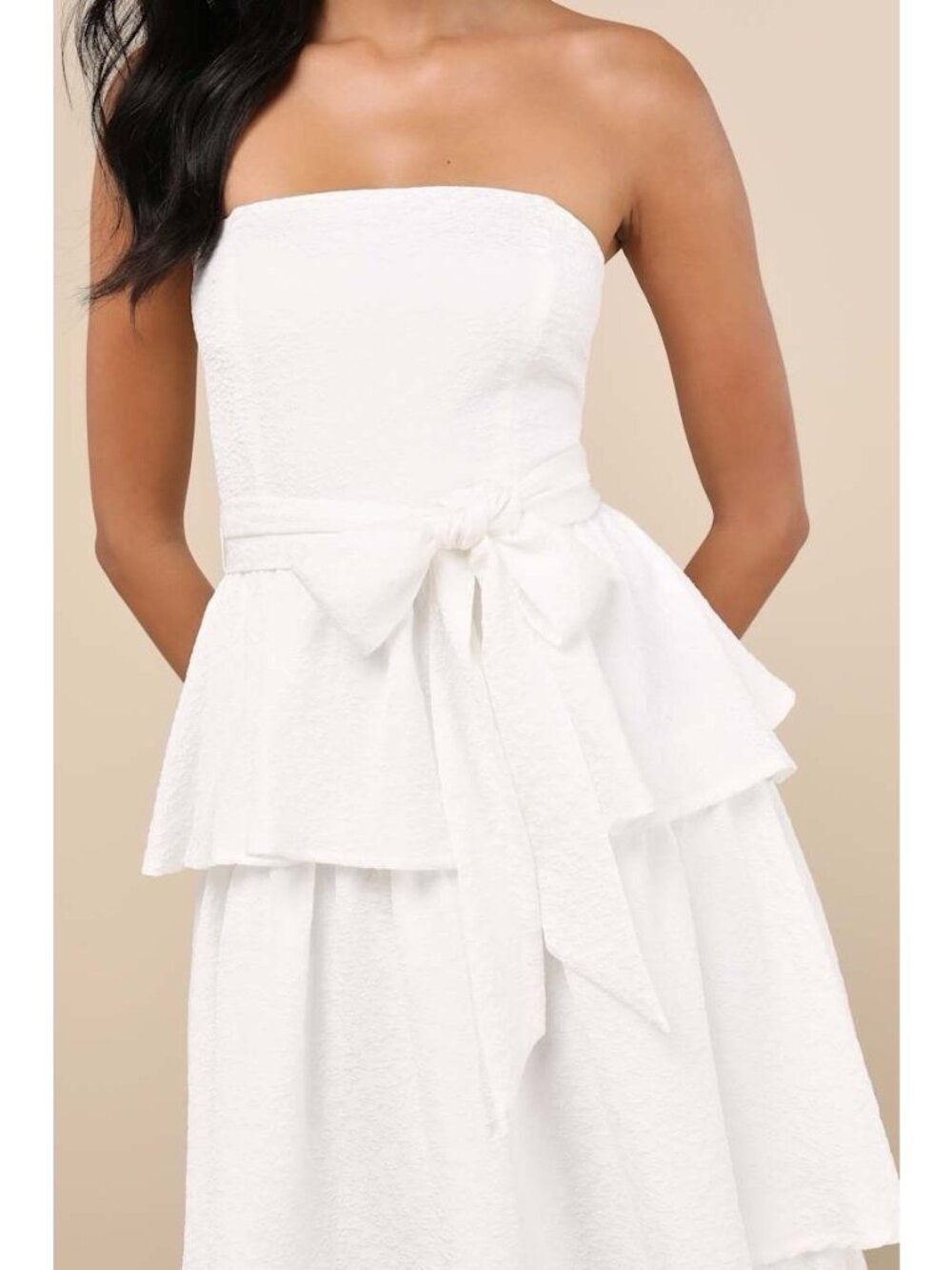Lulus Truly Marvelous Midi Dress Sz Small White Jacquard Strapless Tiered Belted - Picture 6 of 7